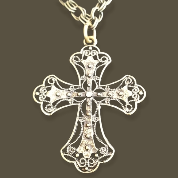 Hand Crafted Jewelry - Rustic Cross Pendant Necklace Antique Goldtone Hand Crafted